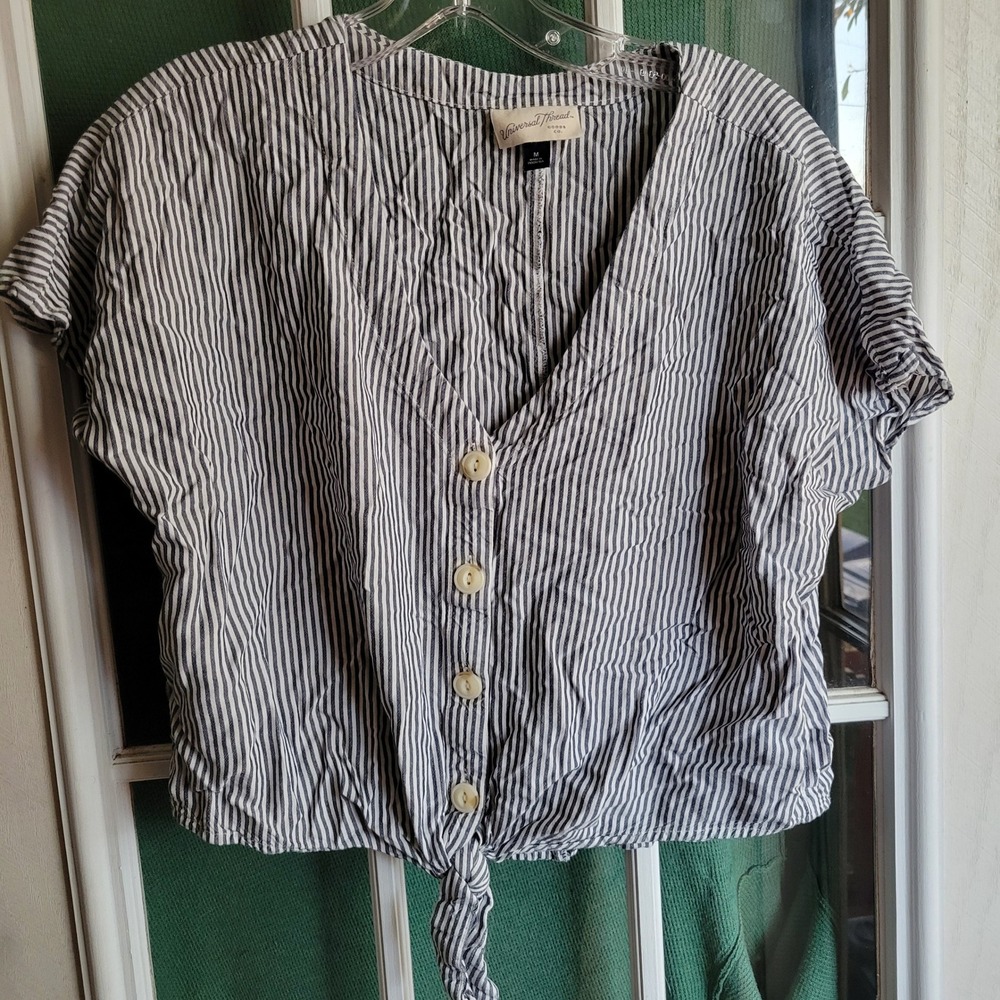 Universal Thread Womens Blue White Striped‎ Tie Front Button Down Top Size M